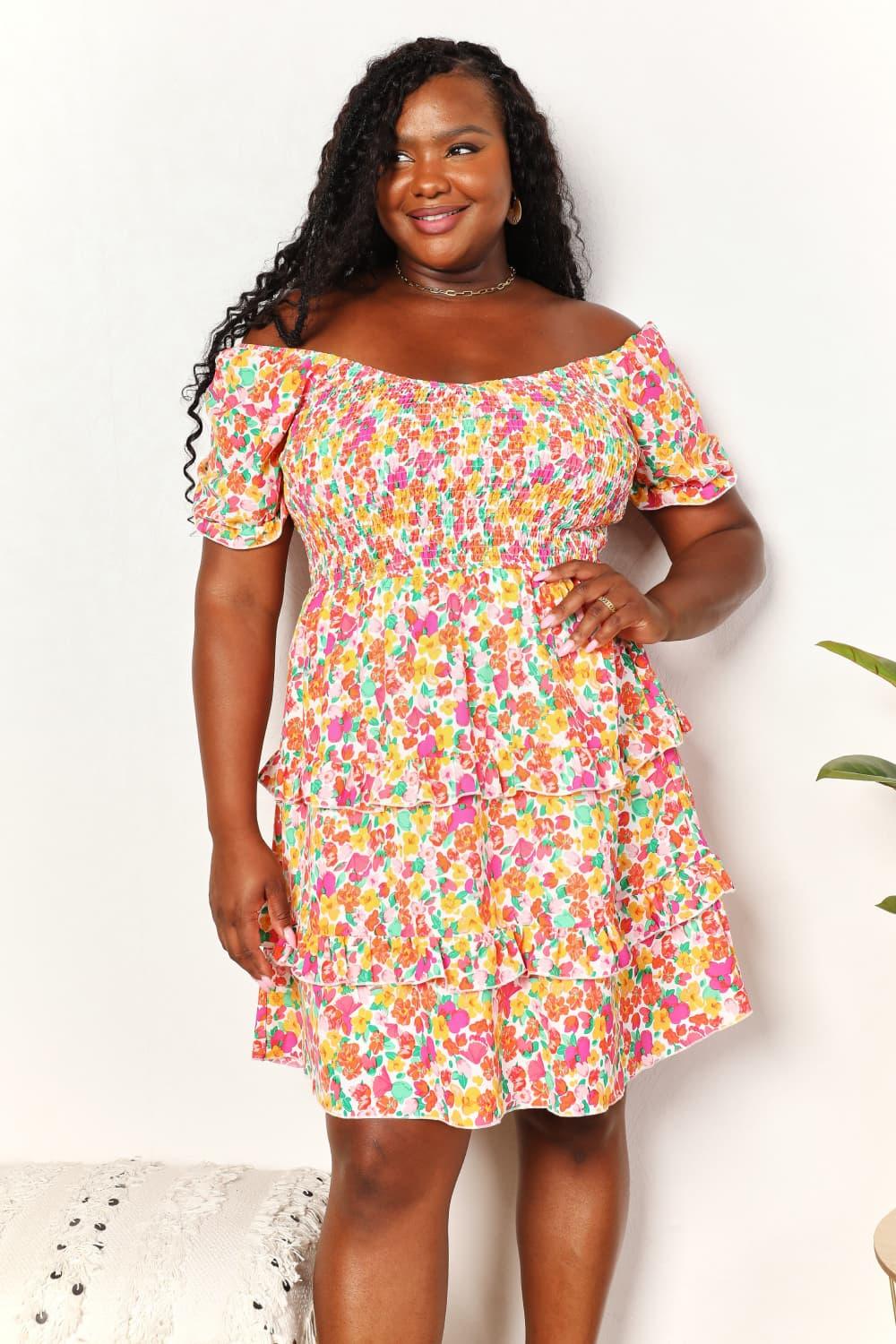 Double Take Smocked Sweetheart Mini Dress with Flounce Sleeves