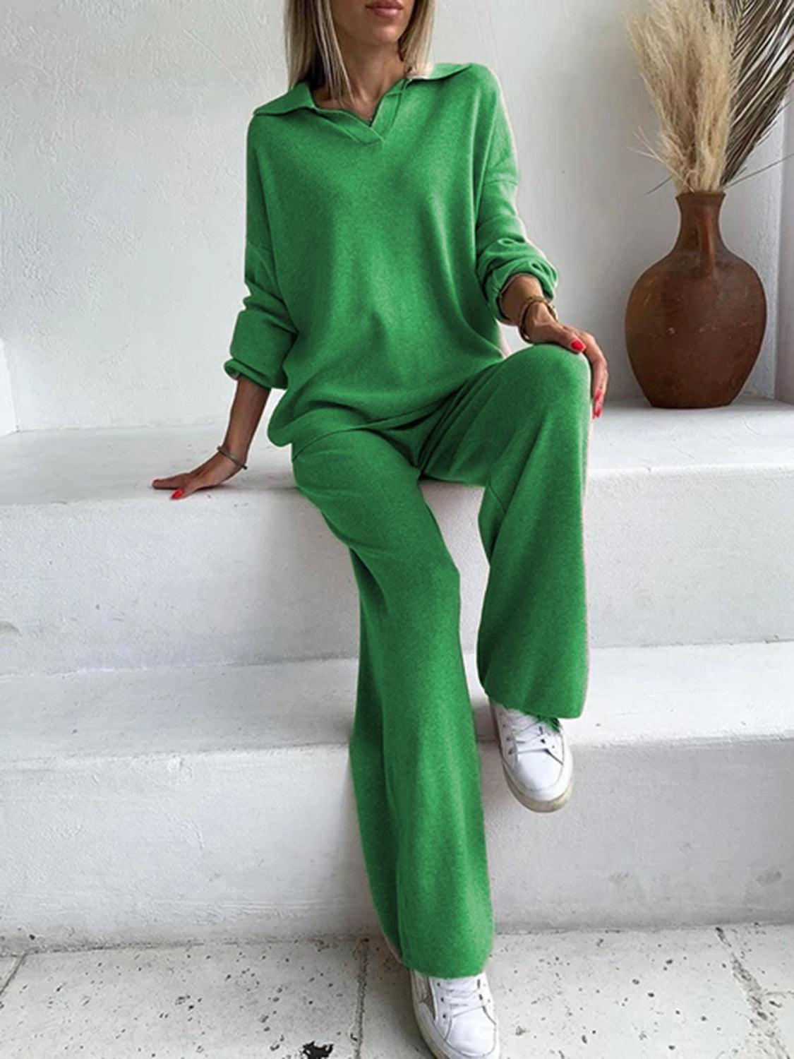 Johnny Collar Long Sleeve Top and Pants Sweater Set Dark Green One Size