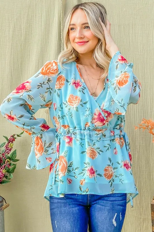 And The Why Floral Print Draw String Bell Sleeve Top
