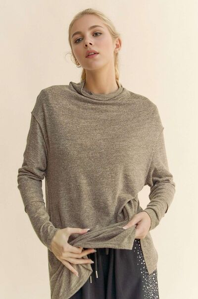 Davi & Dani Slit Mock Neck Long Sleeve Top Taupe