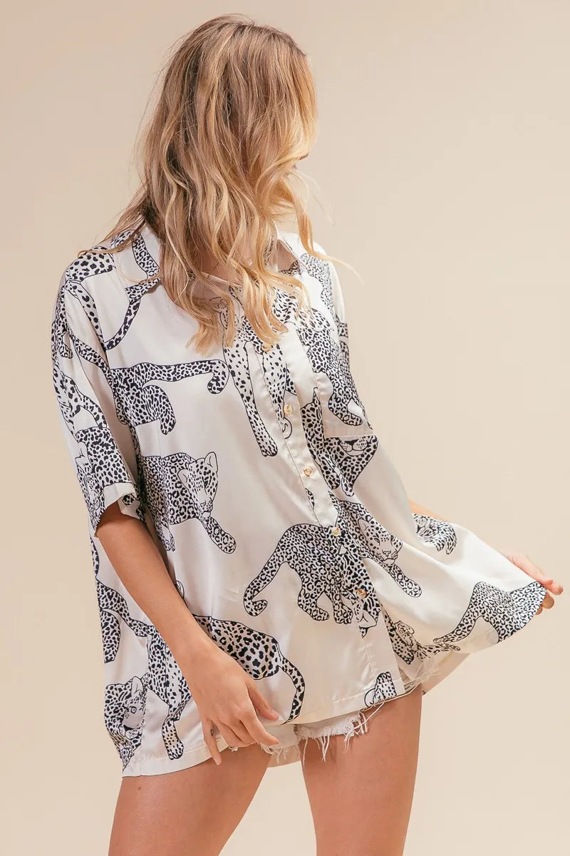 BiBi Leopard Print Short Sleeve Silky Satin Shirt Top