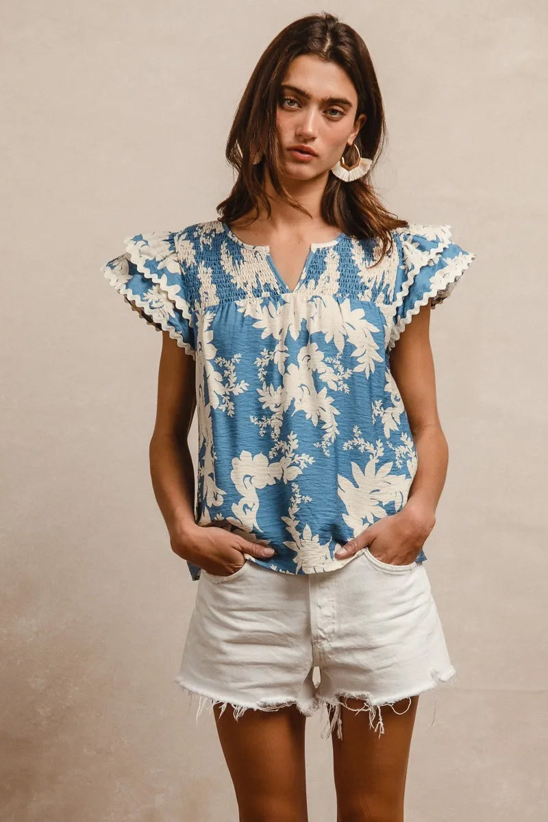 BiBi Floral Prints Wave Trim Smocking Details Short Sleeve Blouse BLUE