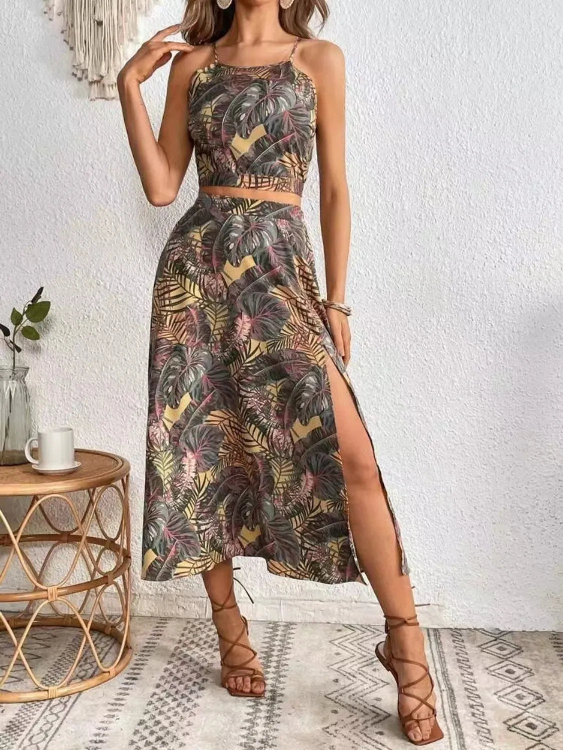 Printed Cami and Slit Skirt Set Tan
