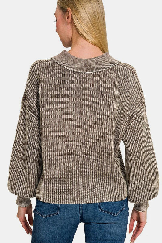 Zenana Washed Half Button Sweater - Stylish Long Sleeve Knitwear for Comfort