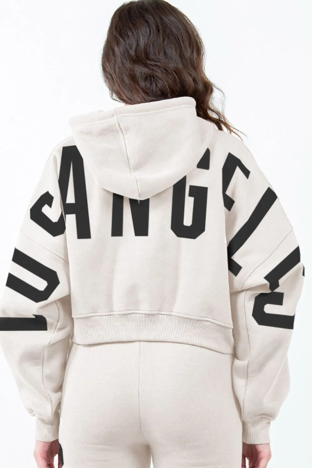American Bazi Letter Graphic Long Sleeve Drawstring Cropped Hoodie Beige