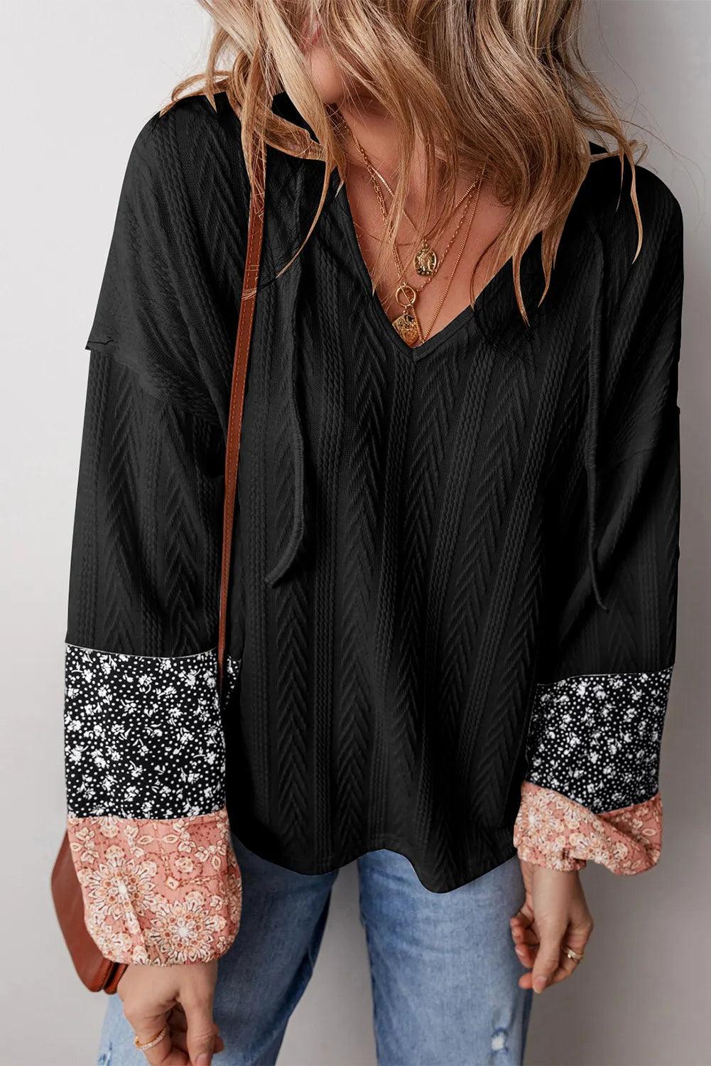Color Block Tie Neck Long Sleeve Top Black