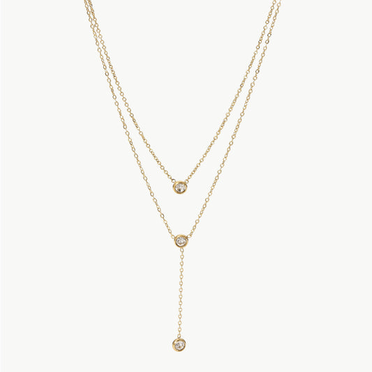 Stainless Steel Zircon Double-Layered Necklace Gold One Size