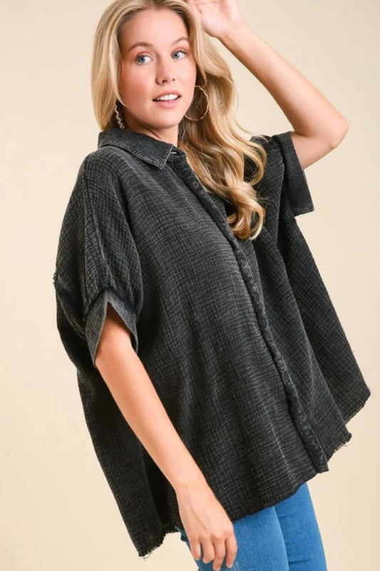 Umgee Full Size Cotton Gauze Mineral Wash Button Down Shirt Plus Size ASH