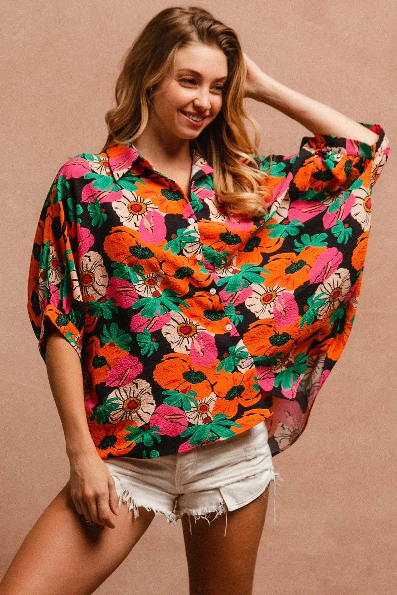 BiBi Floral Print Soft Crinkle Short Dolman Sleeves Blouse
