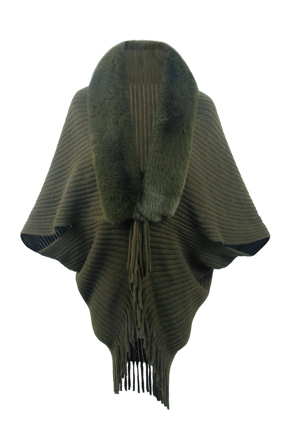 Fringe Detail Long Sleeve Ribbed Poncho Army Green One Size