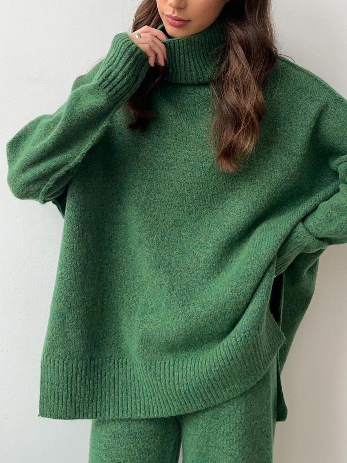 Slit Turtleneck Long Sleeve Top and Pants Sweater Set Dark Green One Size