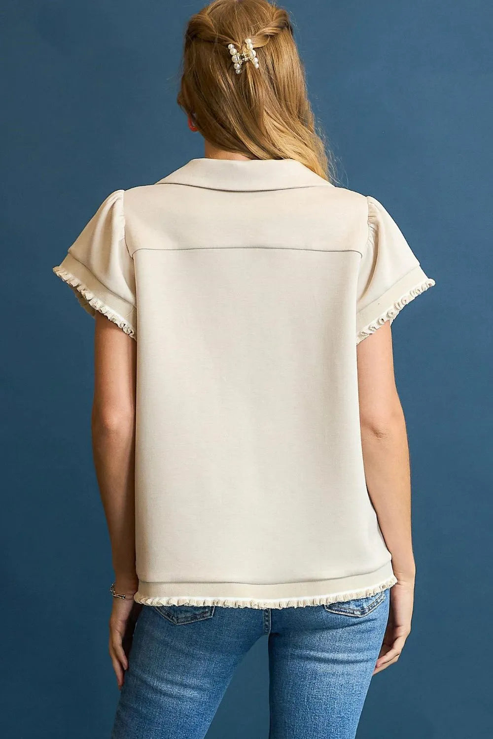 Umgee Frill Hem Half-Zip Collared Blouse