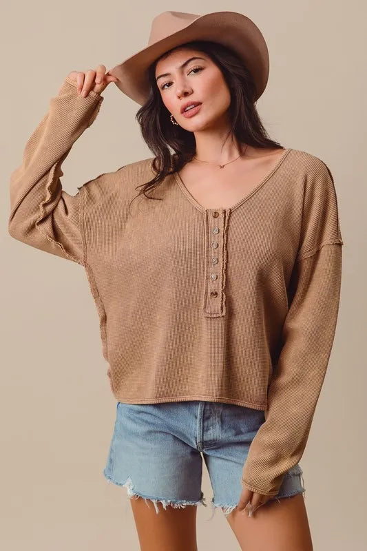 SO ME Frayed Cut Mineral Washed Deep V Neck Waffle Top