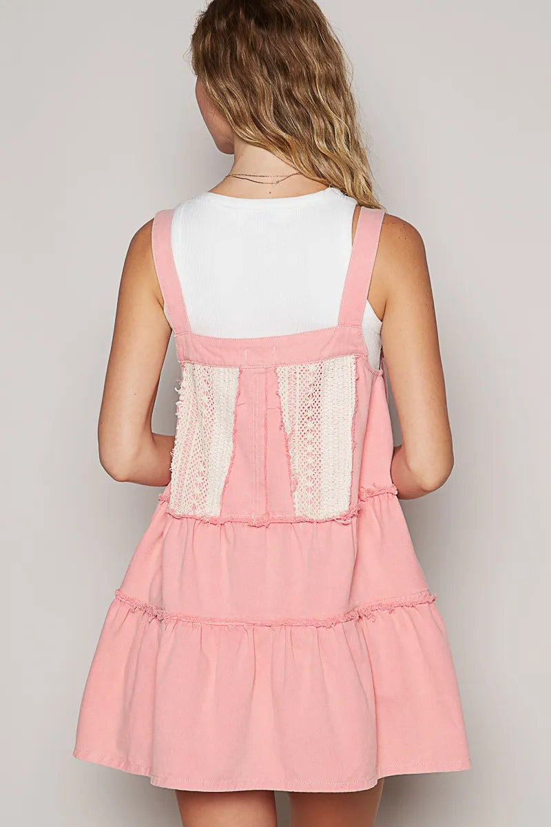 POL Lace Patchwork Detail Denim Overall Dress