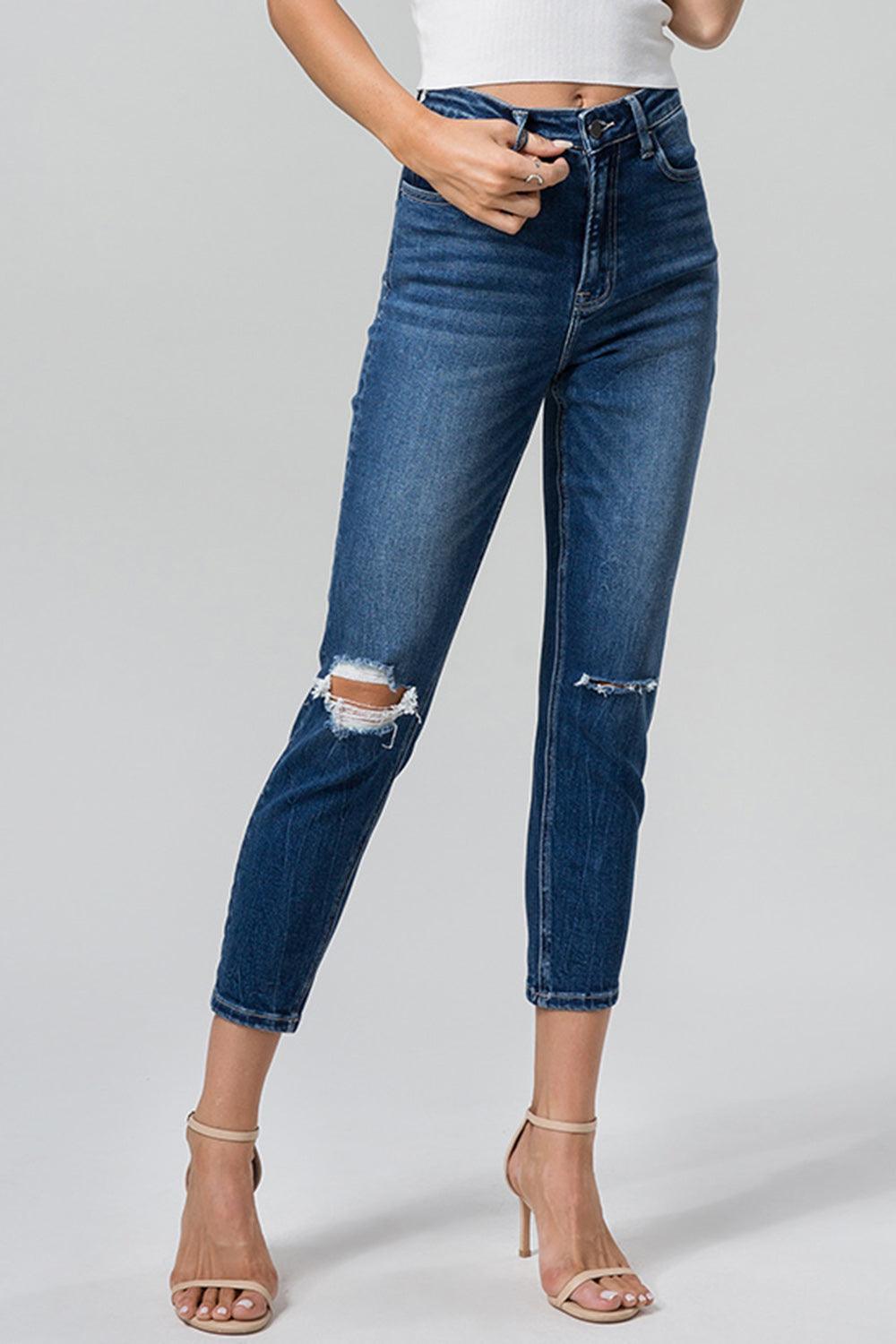 BAYEAS Full Size High Waist Distressed Washed Cropped Mom Jeans DARK BLUE