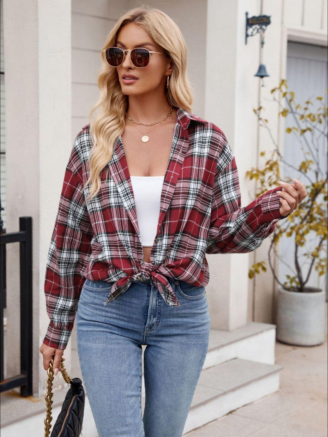 Mandy Pocketed Plaid Collared Neck Long Sleeve Shirt Burgundy