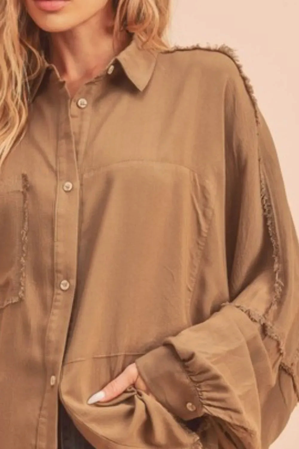 Aemi + Co Raw Edge Exposed Seam Collared Neck Long Sleeve Shirt