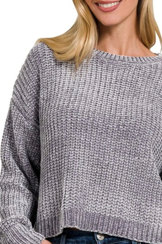 Zenana Chenille Round Neck Crop Sweater