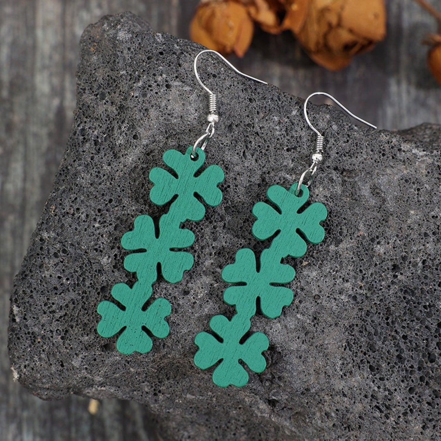 Lucky Clover Wooden Dangle Earrings Turquoise One Size