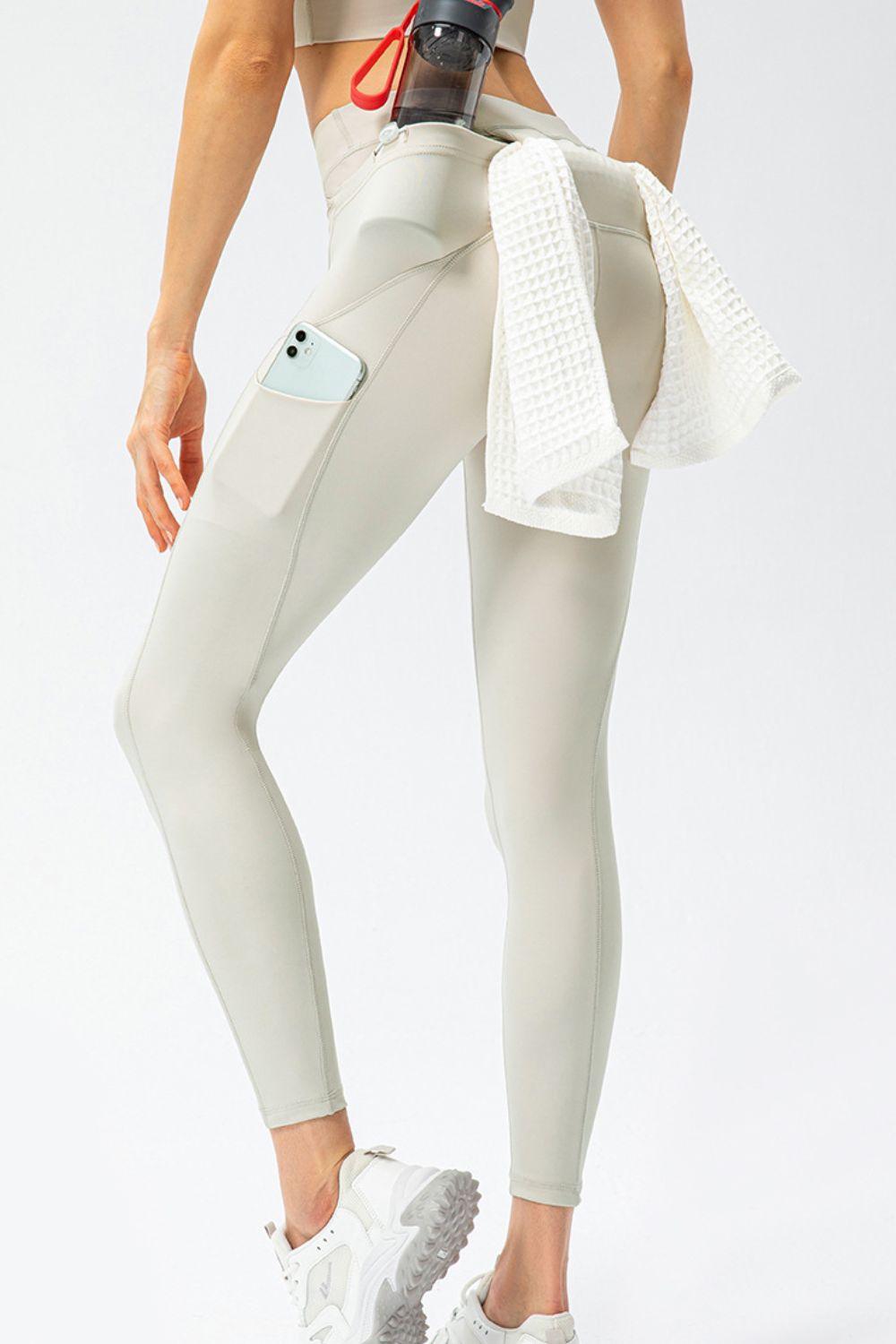 Full Size Slim Fit High Waist Long Sports Pants with Pockets Cream