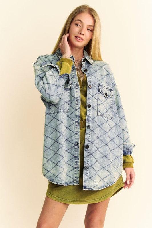 Davi & Dani Curved Hem Diamond Quilted Button Up Denim Shacket Light Blue