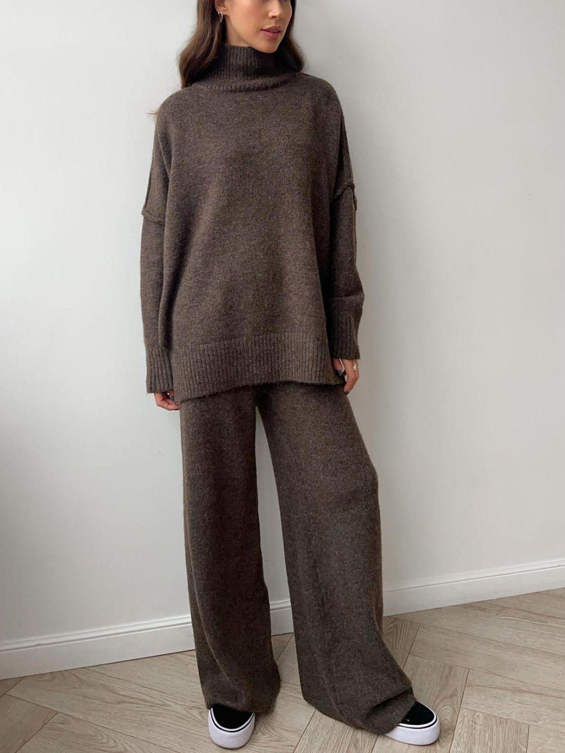 Slit Turtleneck Long Sleeve Top and Pants Sweater Set Coffee Brown One Size