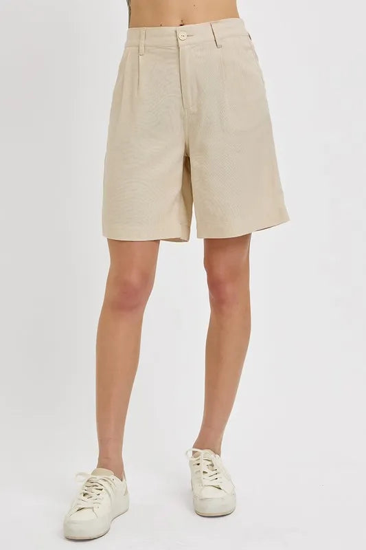 RISEN High Rise Pleated Front Shorts Taupe