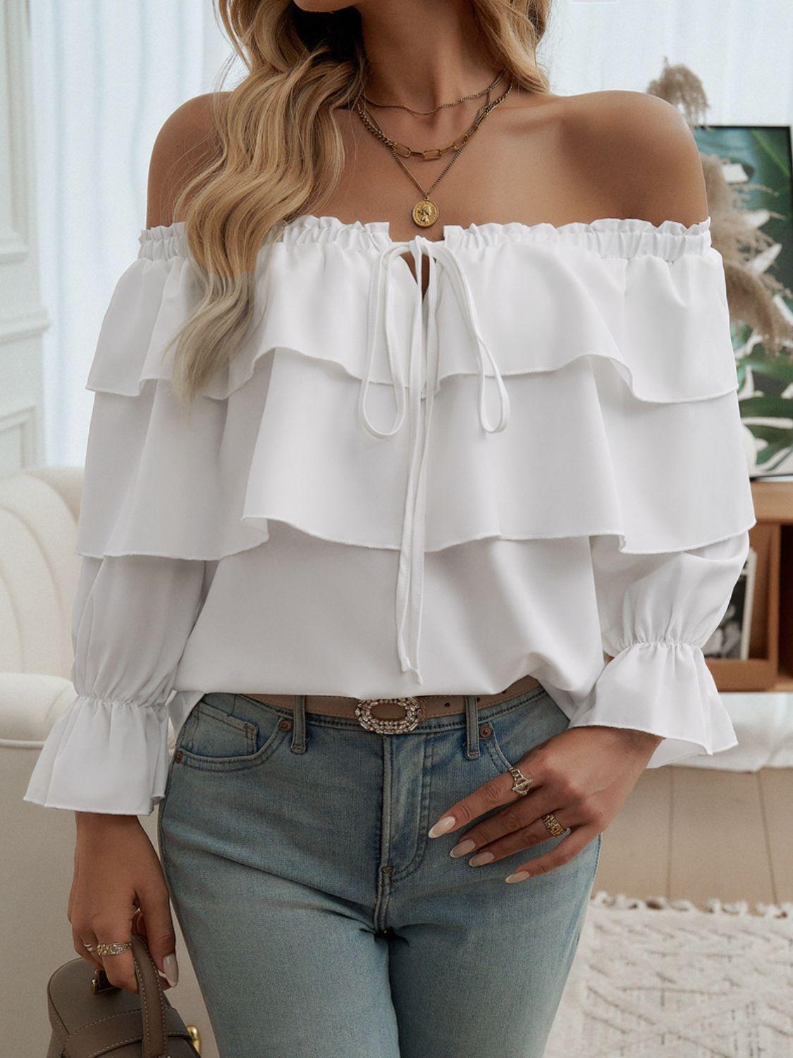 Devine Off-Shoulder Flounce Sleeve Blouse White