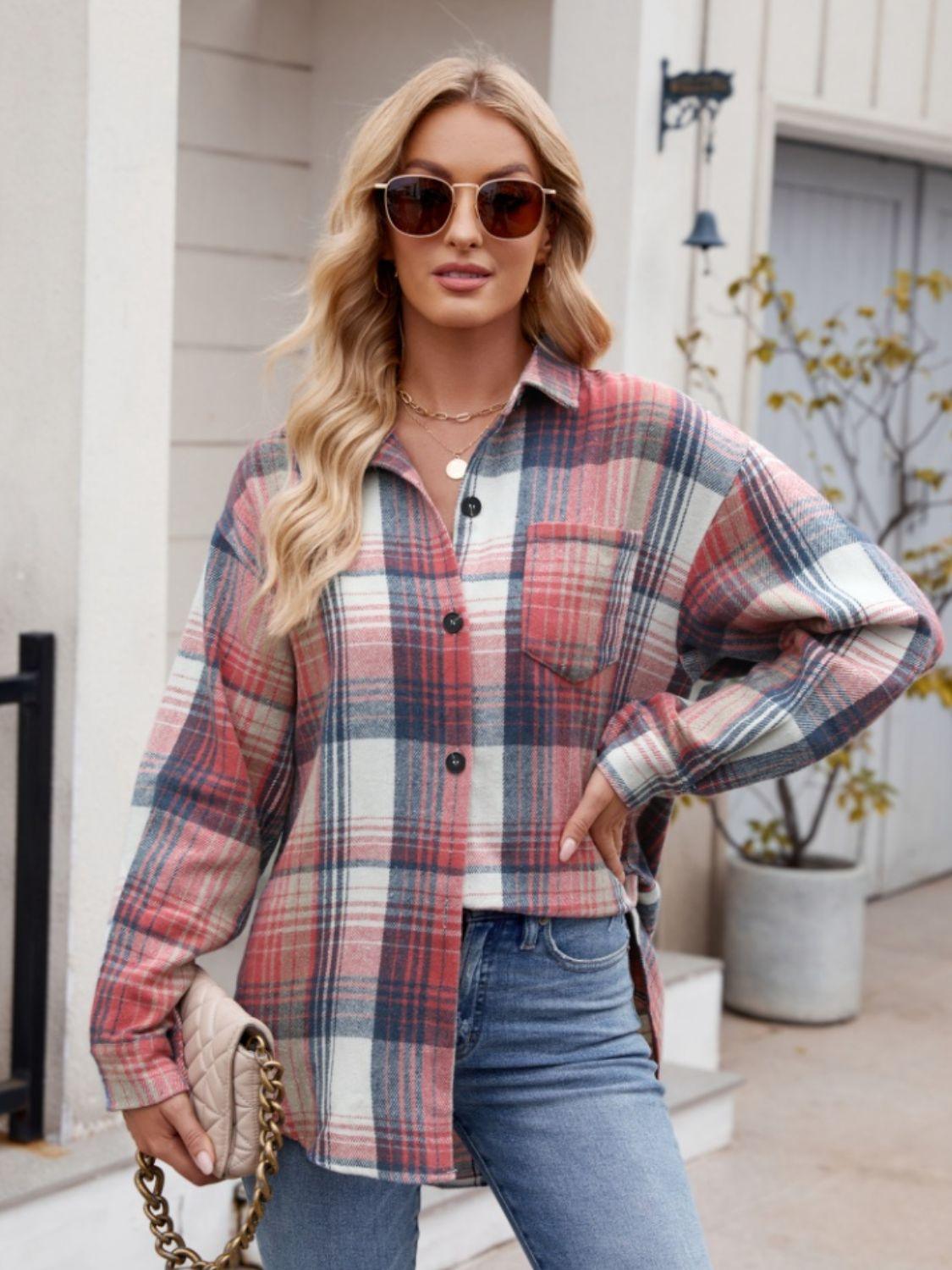 Mandy Pocketed Plaid Collared Neck Long Sleeve Shirt Orange-Red
