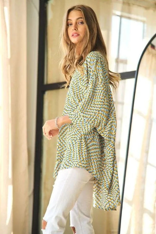 Davi & Dani Geo Printed Relaxed Fit Flowy Button Down Shirt