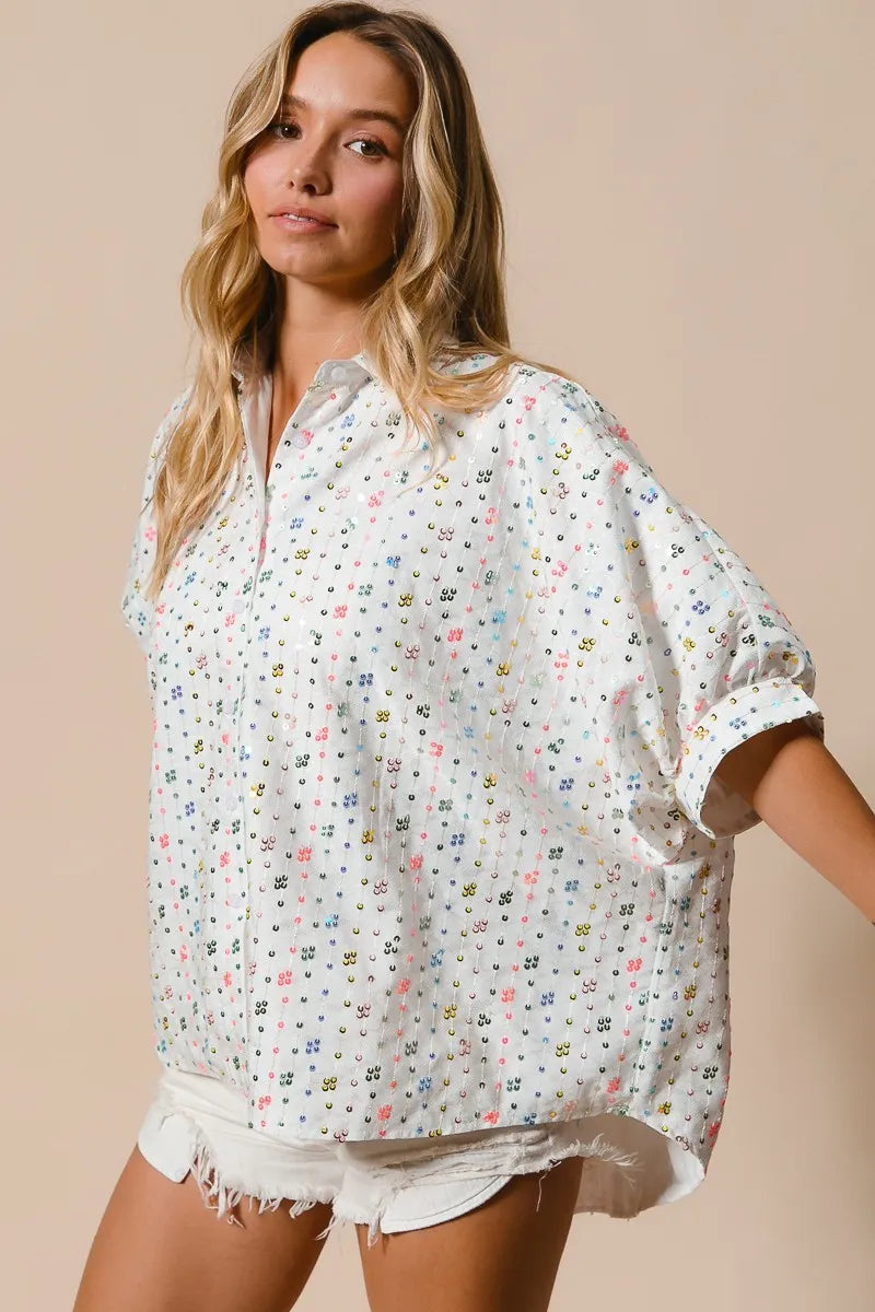 BiBi Sequin Striped Short Dolman Sleeve Blouse OFF WHITE