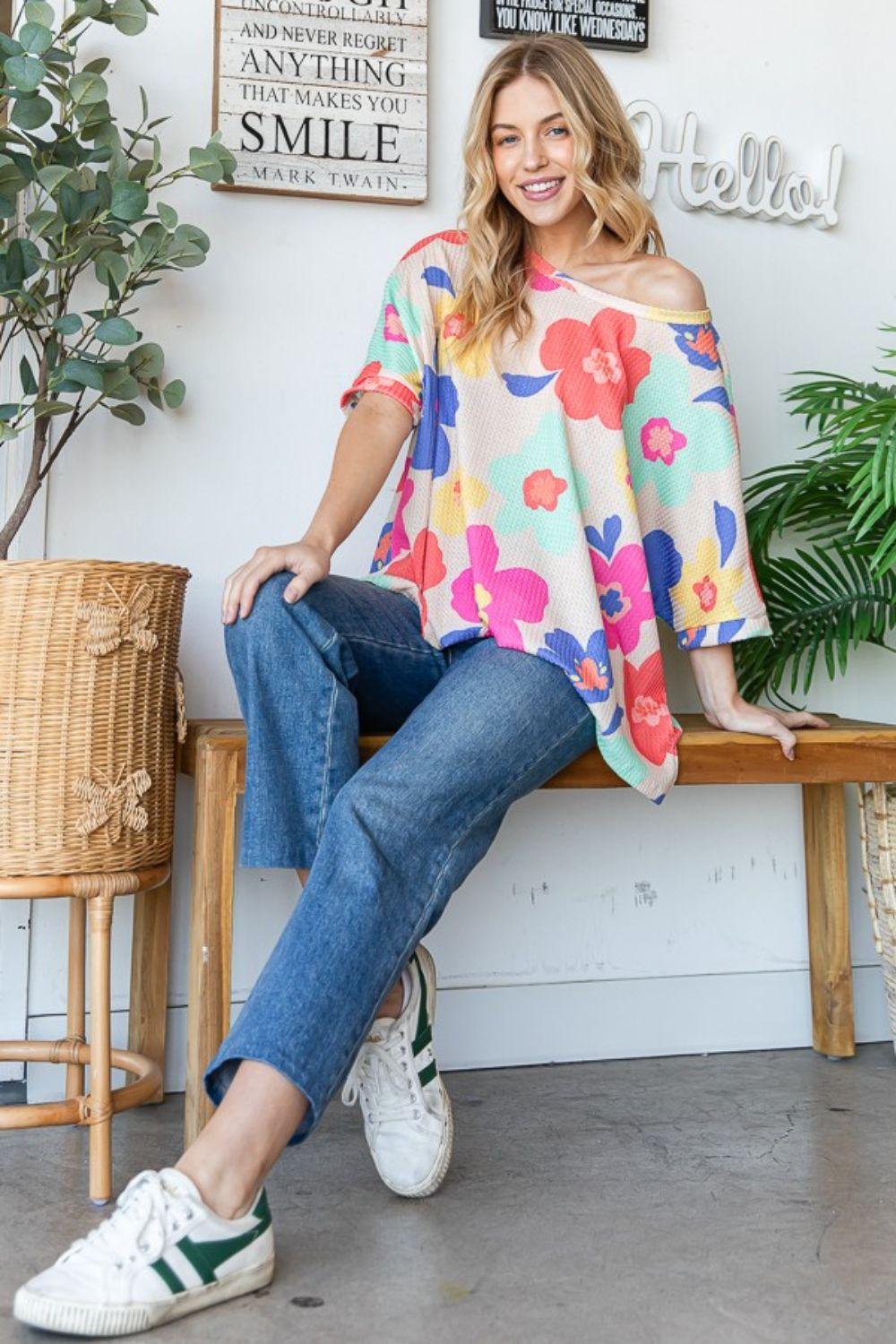 HOPELY Floral Waffle Oversize T-Shirt Taupe