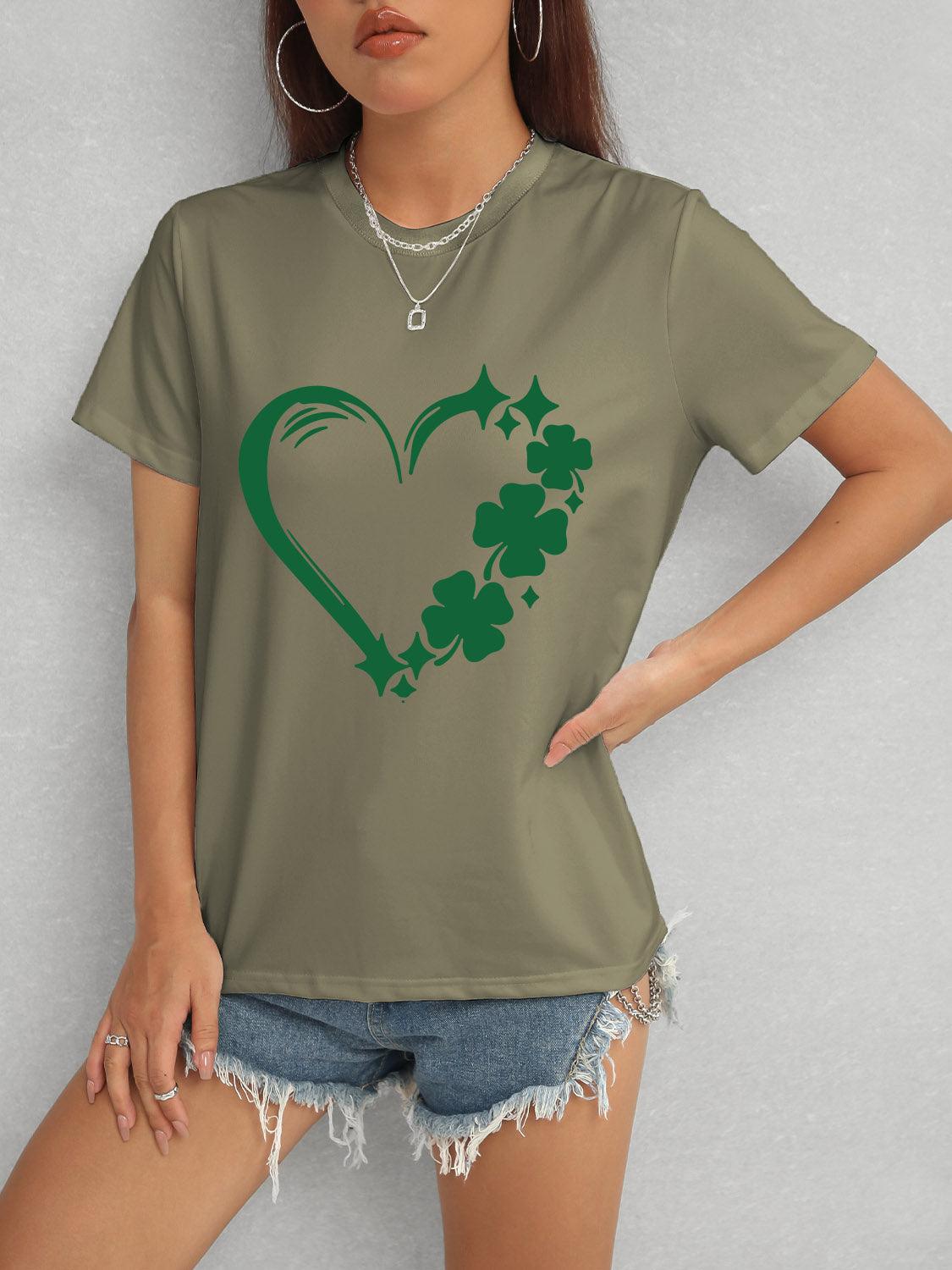 Heart Lucky Clover Round Neck Short Sleeve T-Shirt Army Green