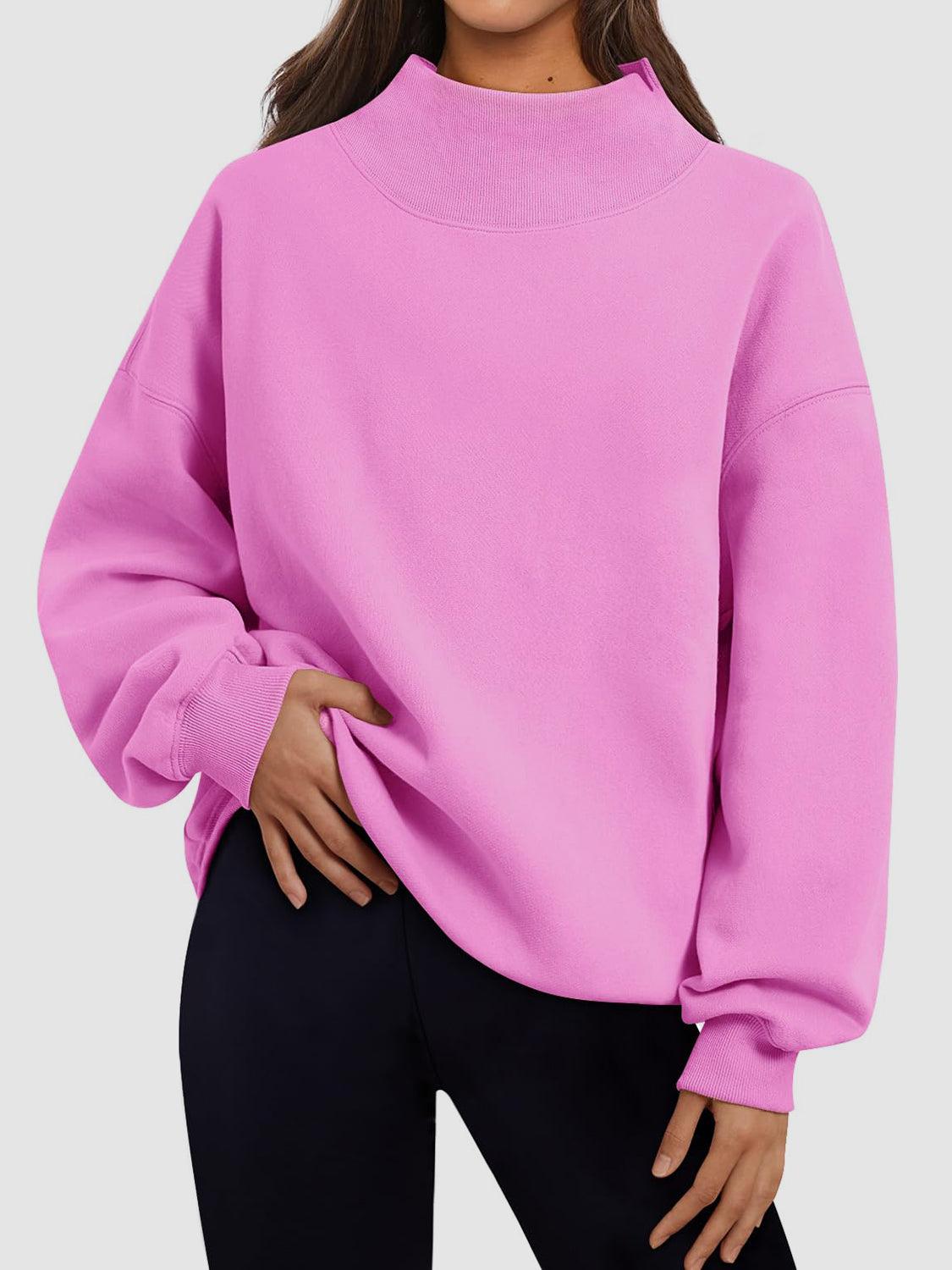 Mock Neck Drop Shoulder Long Sleeve Sweatshirt Pink