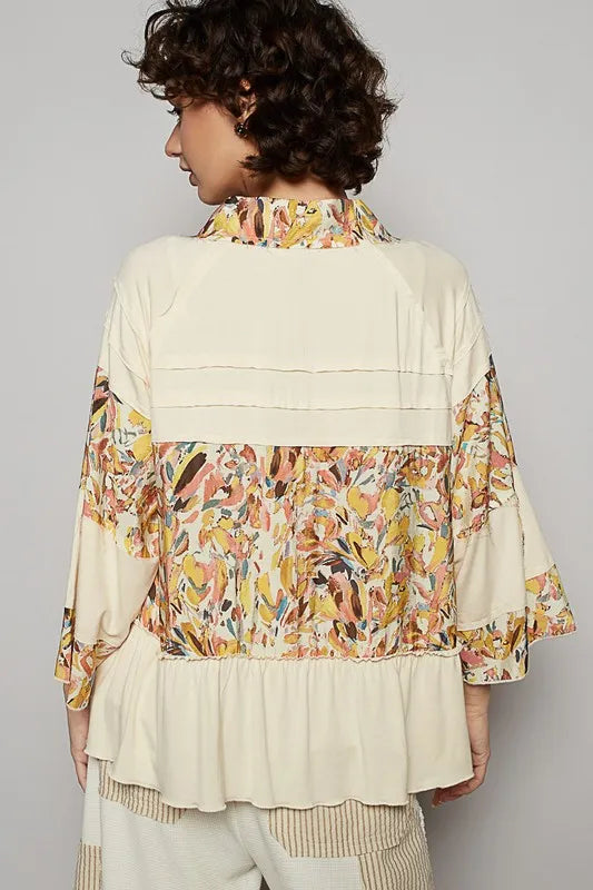 POL Frill Floral Johnny Collar Shirring Raglan Sleeve Shirt
