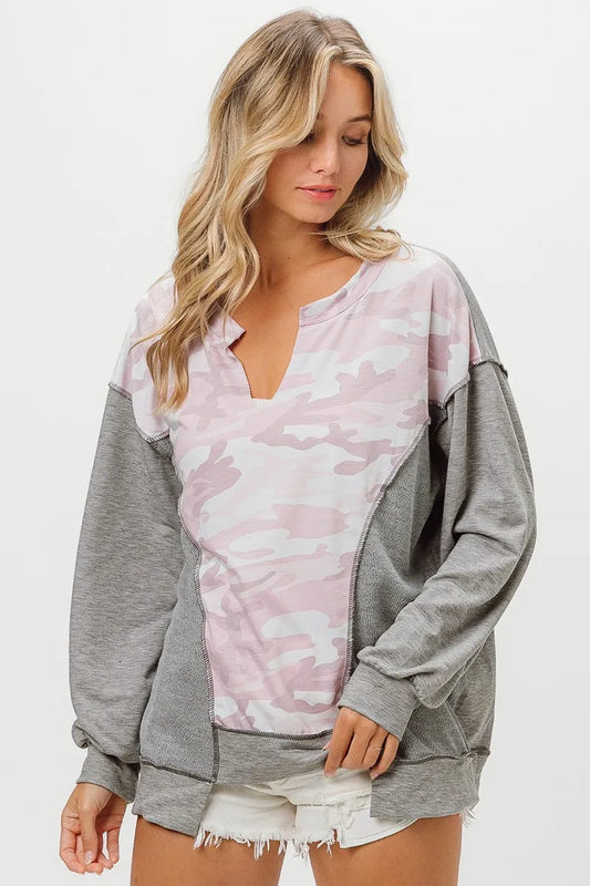 BiBi Camo Printed French Terry Knit Color Block Top H GREY