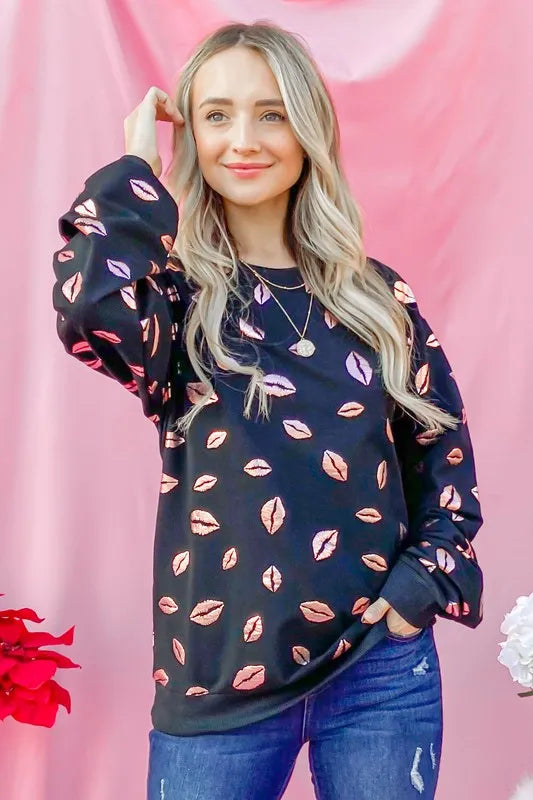 And The Why Kiss Pink Foil Allover Print Pullover Sweatshirts