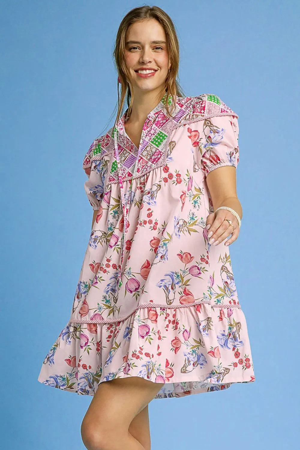 Umgee Floral Print Tie Neck Puff Sleeve Dress Pink