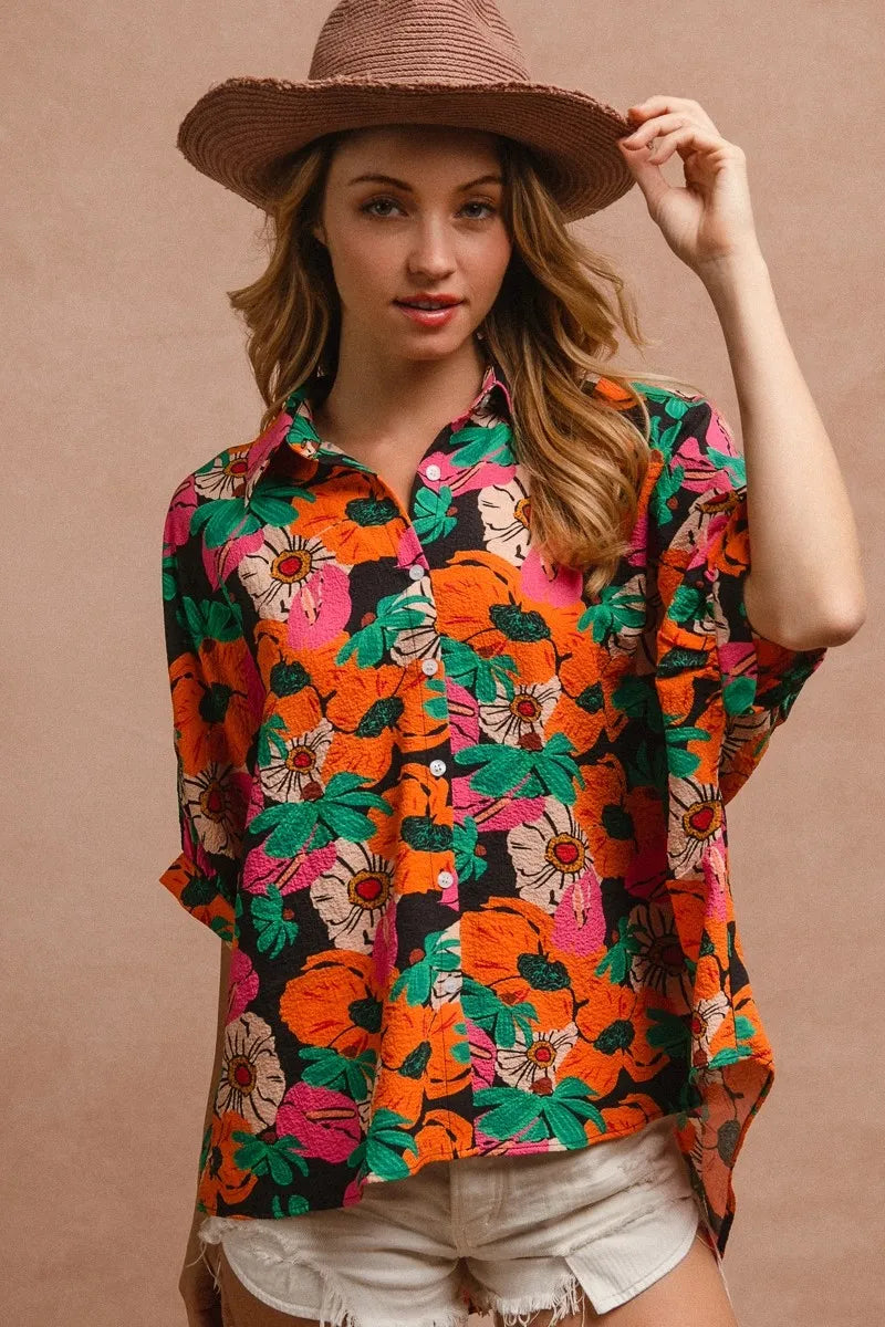 BiBi Floral Print Soft Crinkle Short Dolman Sleeves Blouse