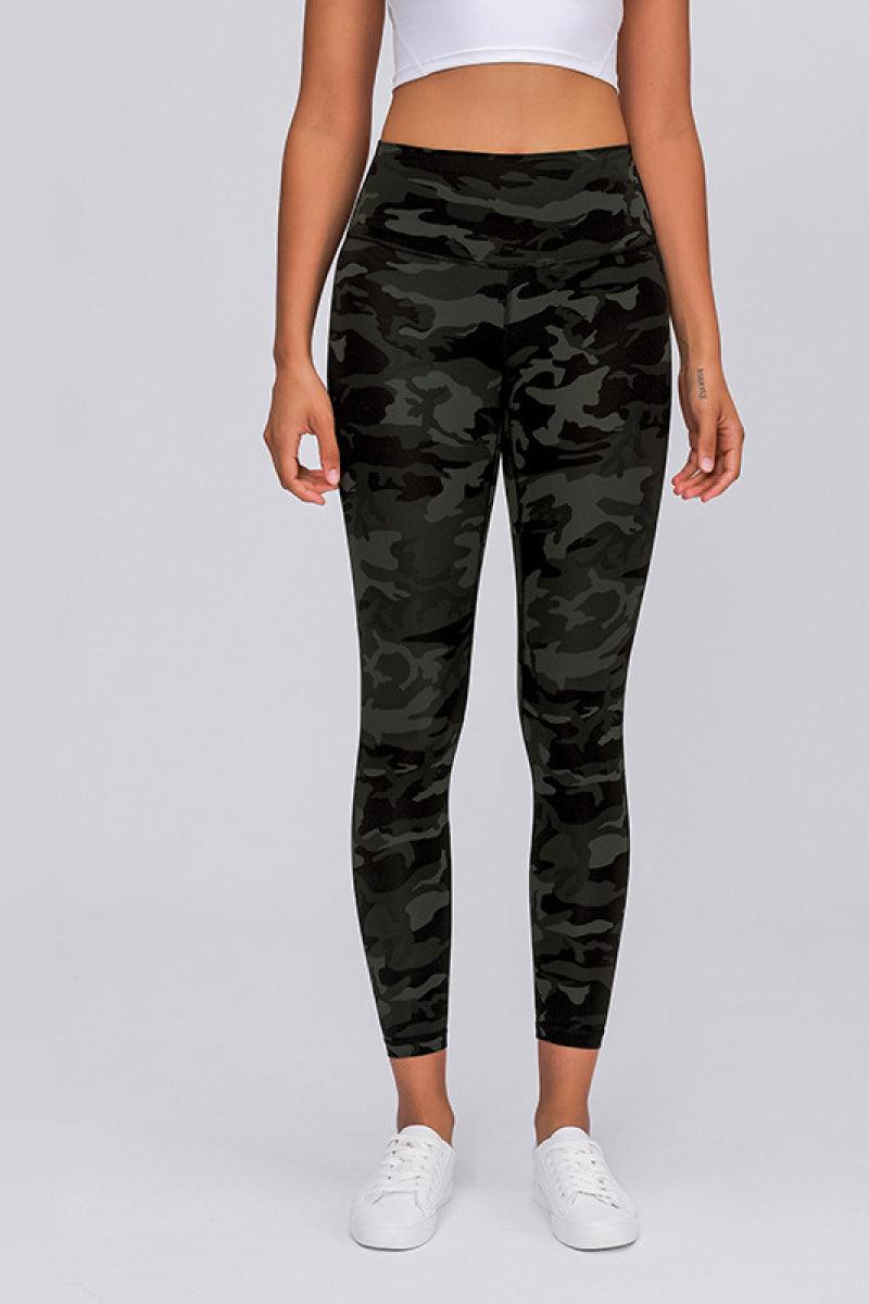 Millennia Wide Seamless Band Waist Sports Leggings Green Camouflage