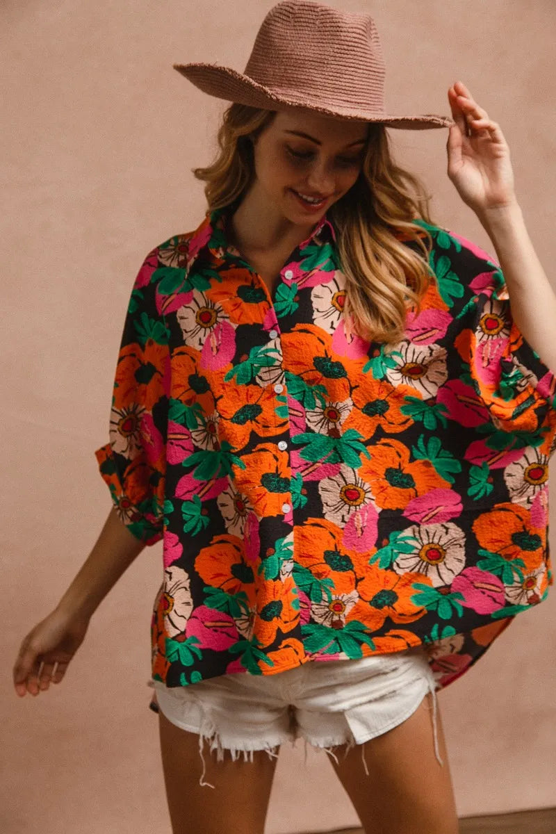BiBi Floral Print Soft Crinkle Short Dolman Sleeves Blouse