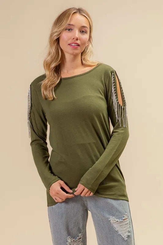 BiBi French Terry Cold Shoulder Ringstone Fringe Top OLIVE