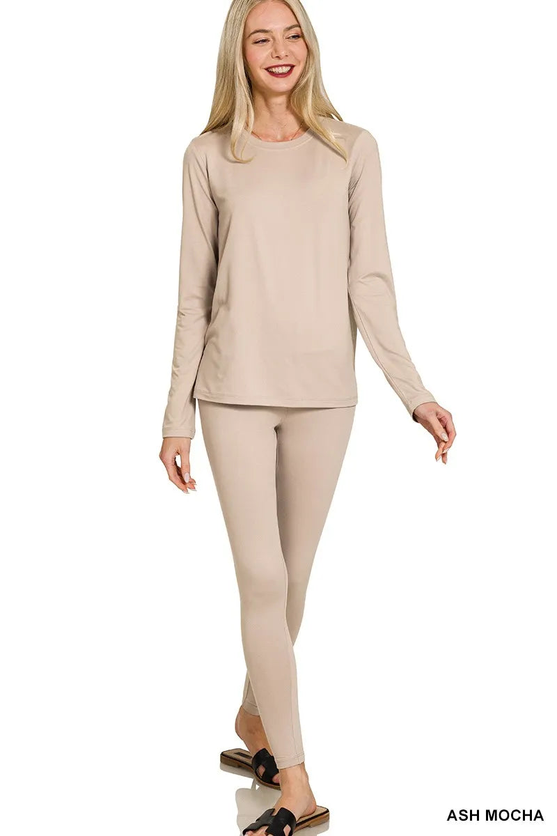 Zenana Microfiber Round Neck Top and Leggings Set ASH MOCHA