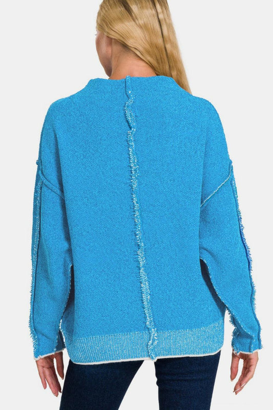 Zenana Mock Neck Long Sleeve Sweater with Exposed Seam Design