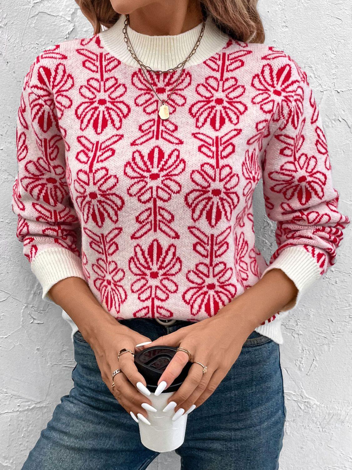 Perfee Flower Round Neck Long Sleeve Sweater Scarlet