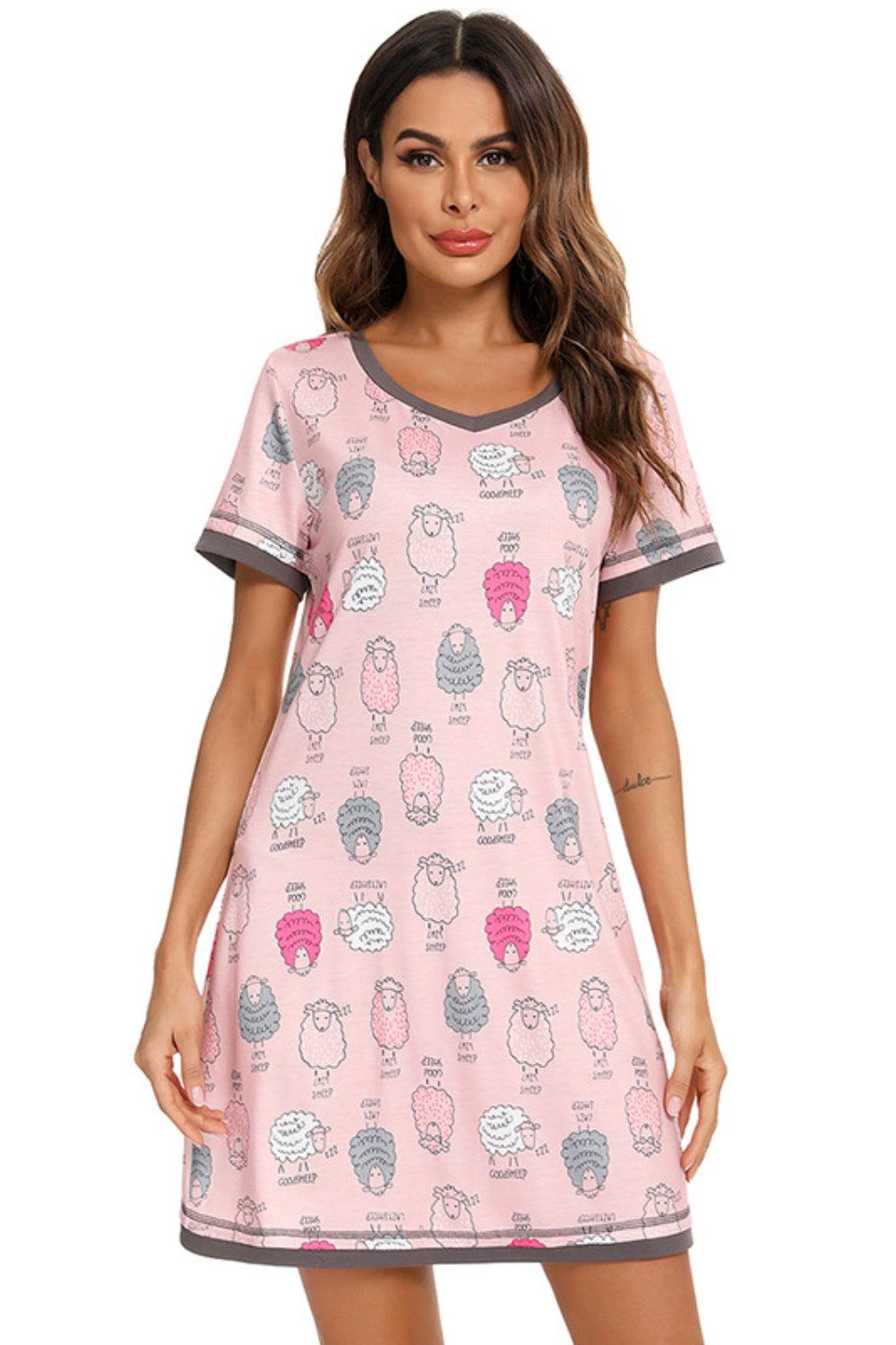 Contrast Trim Short Sleeve Lounge Dress Dusty Pink