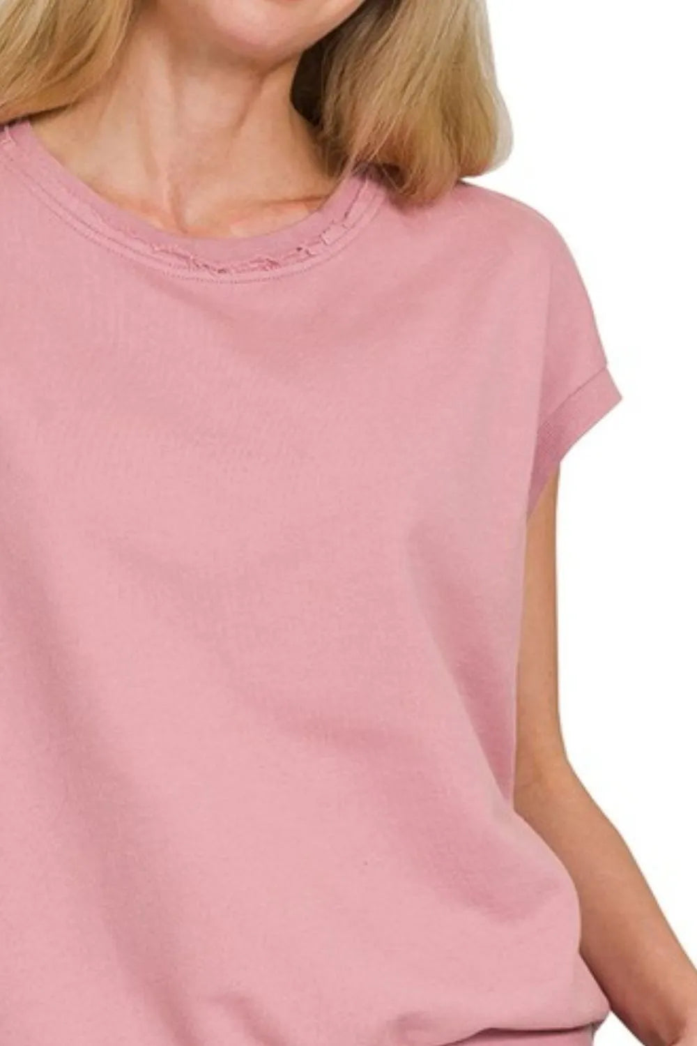 Zenana French Terry Round Neck Cap Sleeve T-Shirt
