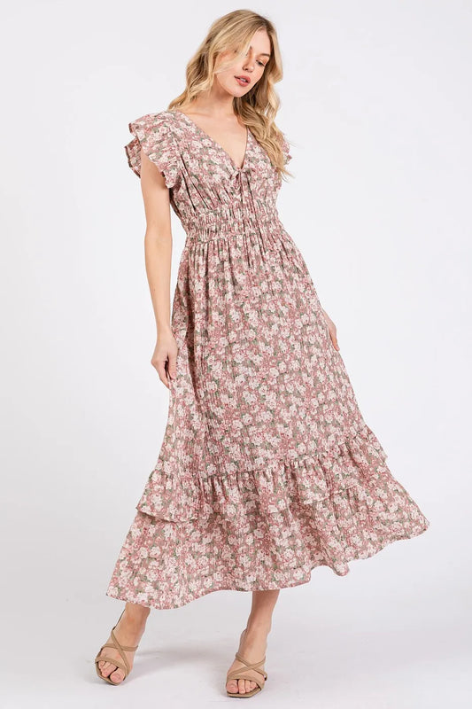 Mittoshop Flower Print Ruffle Cap Sleeve V-neck Midi Dress MAUVE