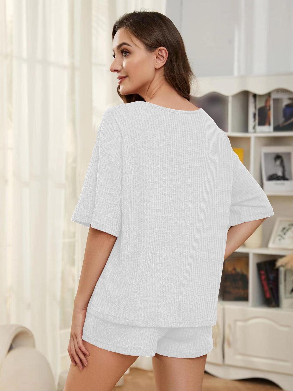 Women's Round Neck Half Sleeve Top and Shorts Lounge Set White