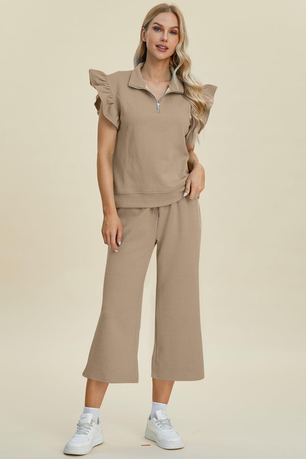 Double Take Full Size Texture Ruffle Short Sleeve Top and Wide Leg Pants Set Khaki